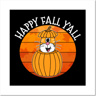 Happy Fall Y'All Cat Pumpkin Autumn Thanksgiving Posters and Art